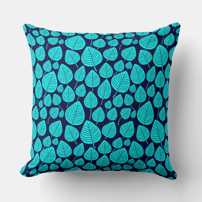 Leaf Pattern 02 - Cyan on Dark Navy Cushion (Front)