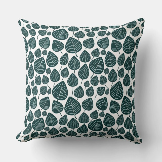 Leaf Pattern 02 - Dk Moss Green on White Cushion (Front)