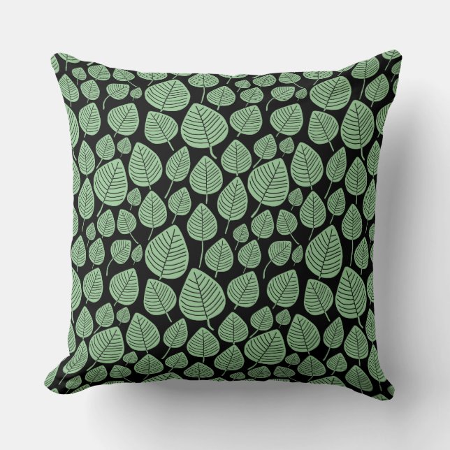 Leaf Pattern 02 - Faded Green on Black Cushion (Front)