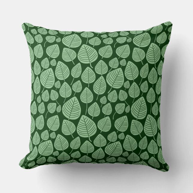 Leaf Pattern 02 - Faded Green on Dark Forest Green Cushion (Front)