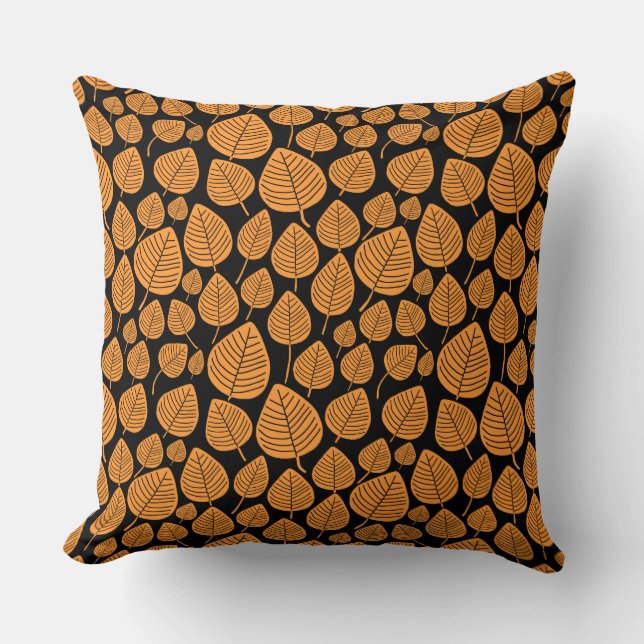 Leaf Pattern 02 - Light Orange on Black Cushion (Front)