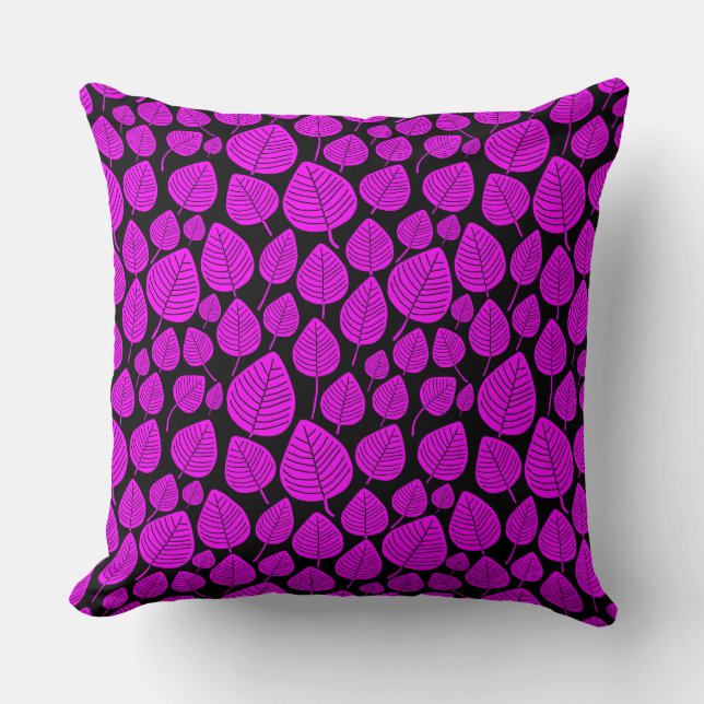 Leaf Pattern 02 - Magenta on Black Cushion (Front)