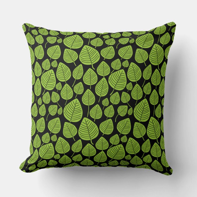 Leaf Pattern 02 - Martian Green on Black Cushion (Front)