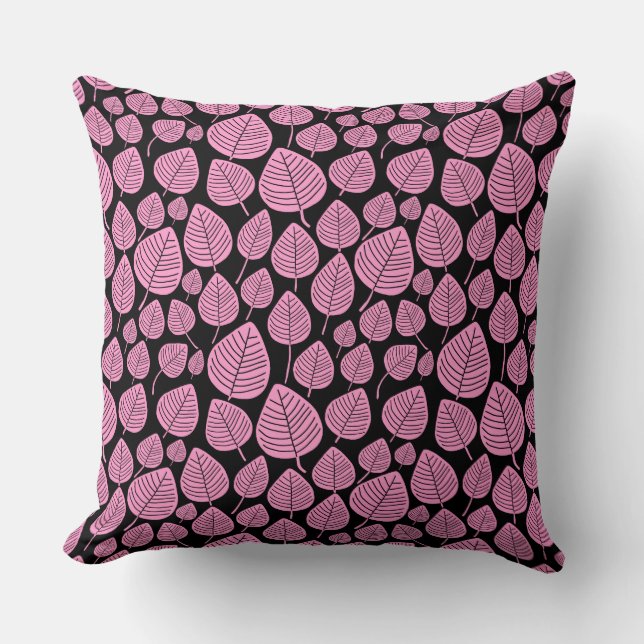 Leaf Pattern 02 - Pink on Black Cushion (Front)