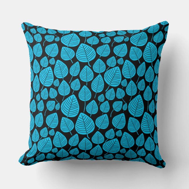 Leaf Pattern 02 - Sky Blue on Black Cushion (Front)
