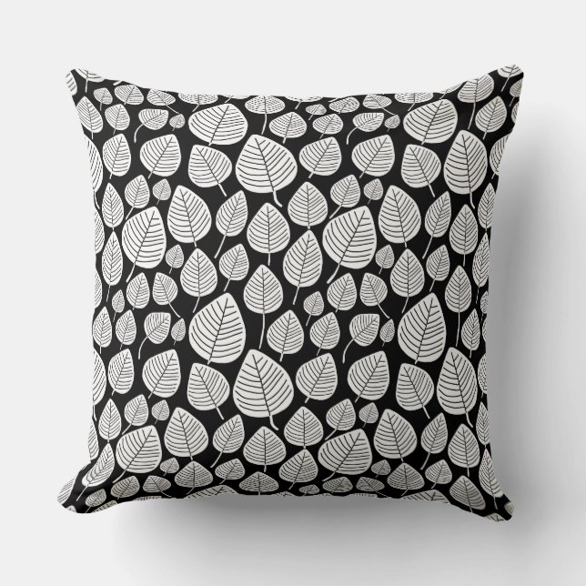 Leaf Pattern 02 - White on Black Cushion (Front)
