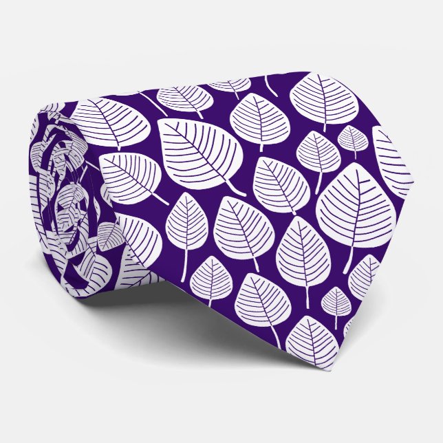 Leaf Pattern 02 - White on Deep Purple Tie (Rolled)