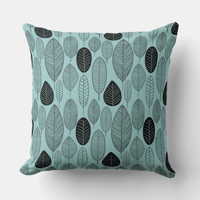 Leaf Pattern - Black on Light Blue Green Cushion (Front)