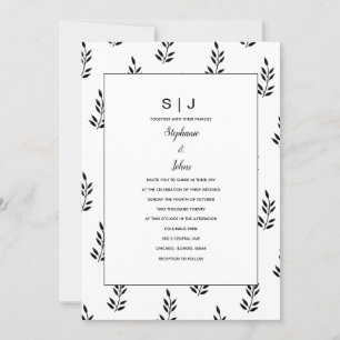 Leaf Pattern Black White Monogram Name Wedding Invitation