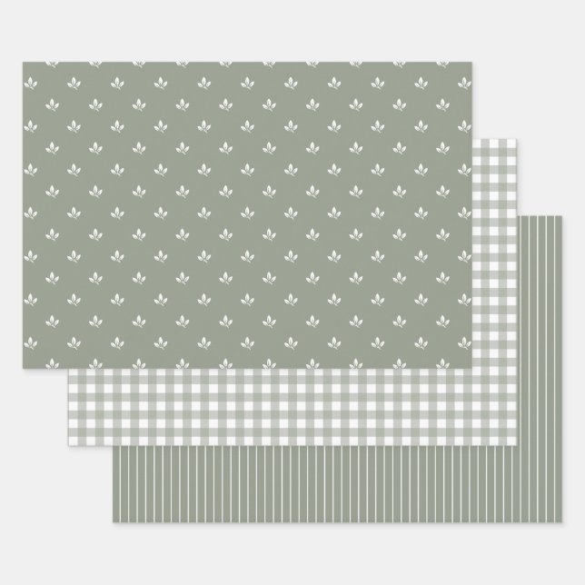 Leaf Pattern Gingham and Stripes Dusky Green |  Wrapping Paper Sheet (Set)