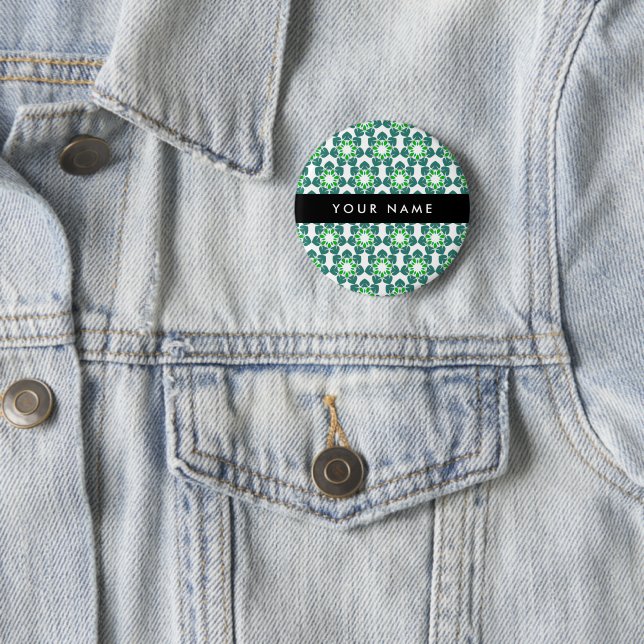 Leaf Pattern, Green Leaves, Your Name 6 Cm Round Badge (In Situ)