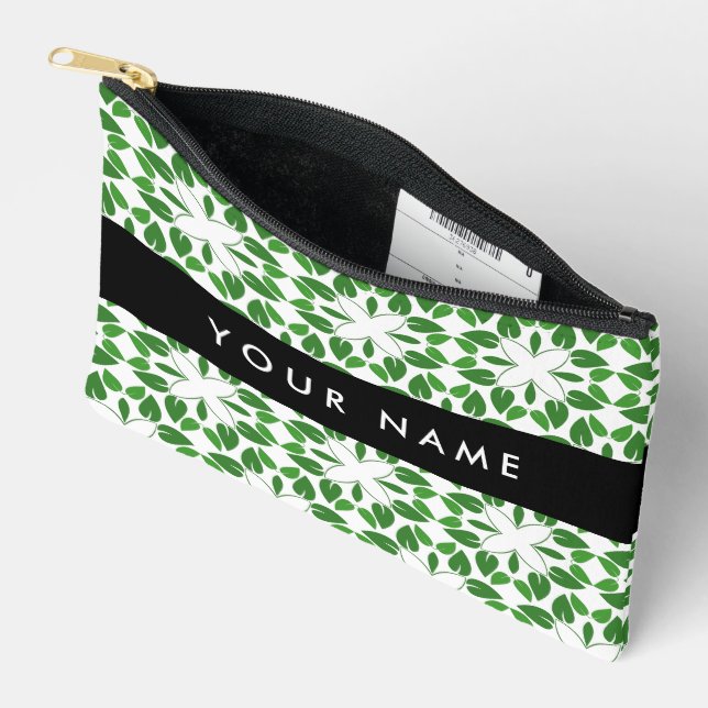 Leaf Pattern, Green Leaves, Your Name Accessory Pouch (Open)