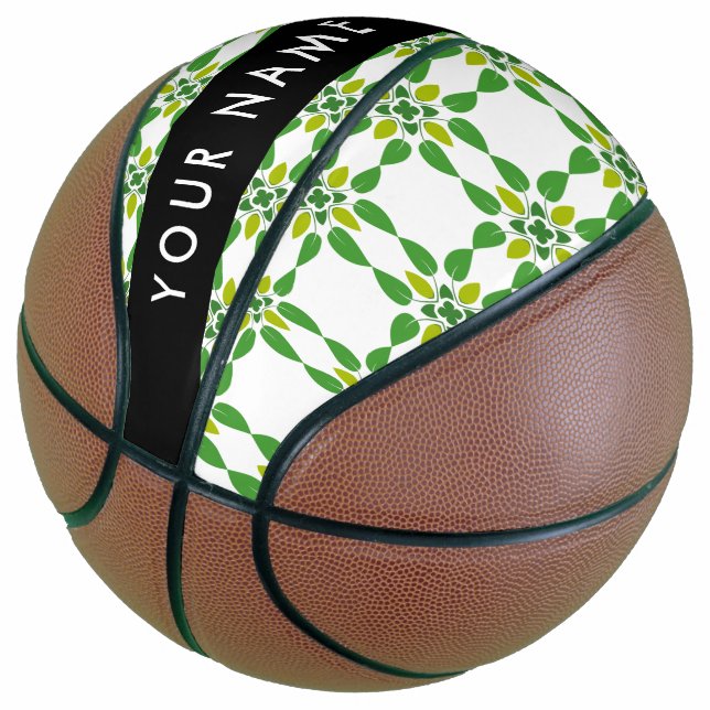 Leaf Pattern, Green Leaves, Your Name Basketball (Angled)