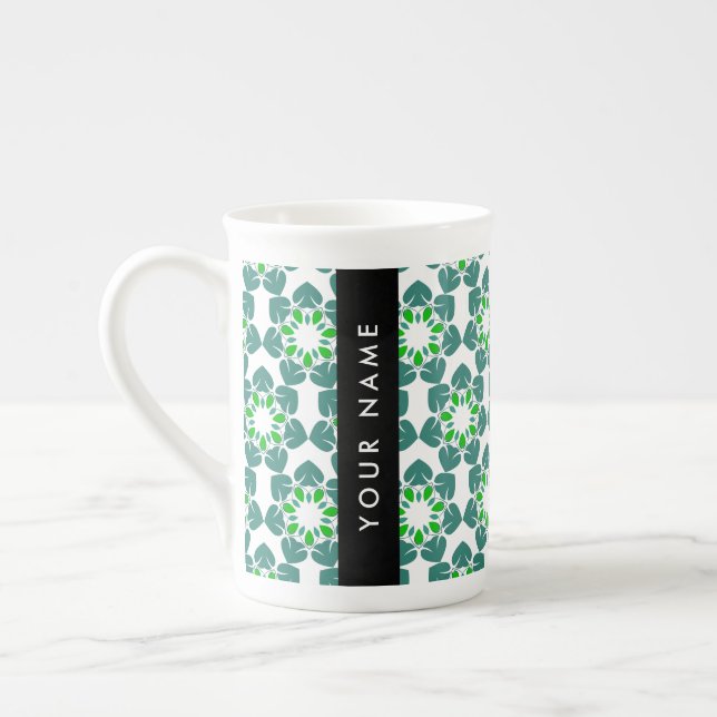 Leaf Pattern, Green Leaves, Your Name Bone China Mug (Left)