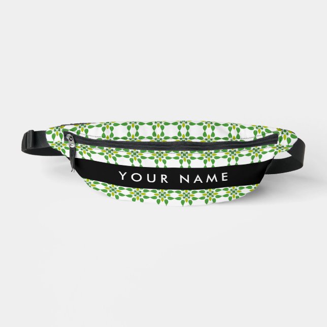 Leaf Pattern, Green Leaves, Your Name Bum Bags (Front)
