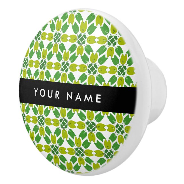 Leaf Pattern, Green Leaves, Your Name Ceramic Knob (Right)