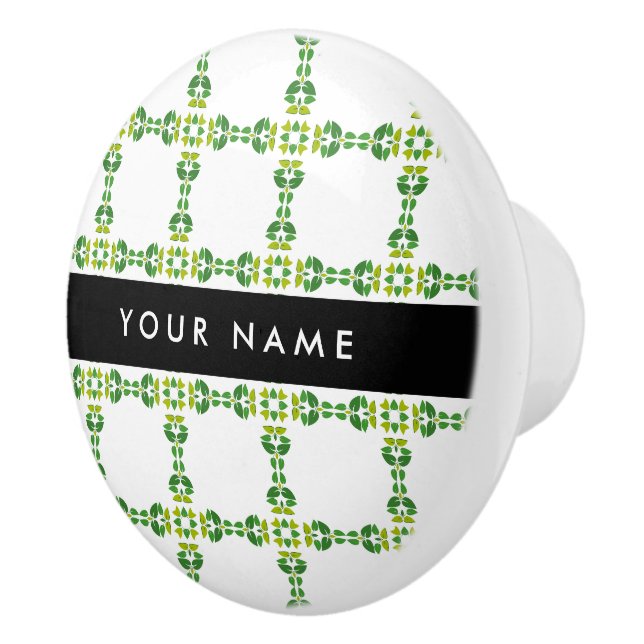 Leaf Pattern, Green Leaves, Your Name Ceramic Knob (Right)