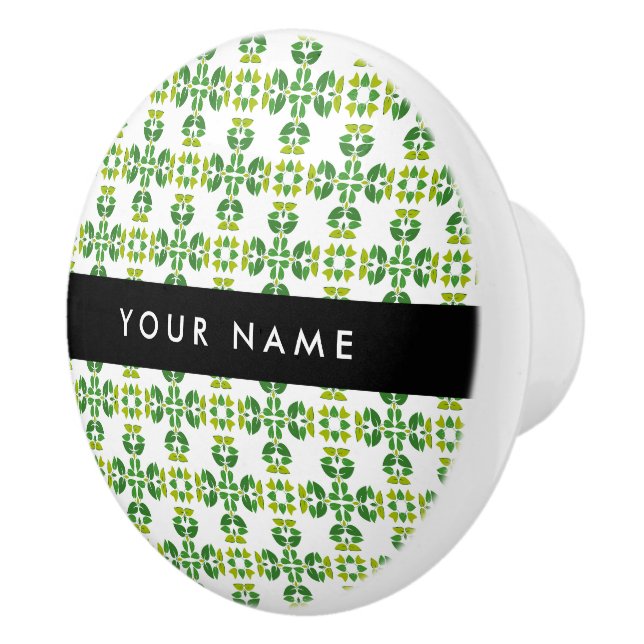 Leaf Pattern, Green Leaves, Your Name Ceramic Knob (Right)