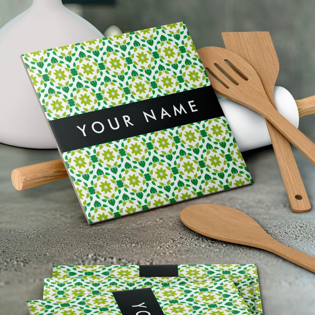 Leaf Pattern, Green Leaves, Your Name Ceramic Tile (Creator Uploaded)
