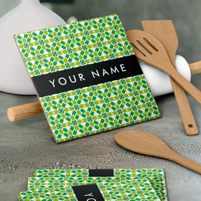 Leaf Pattern, Green Leaves, Your Name Ceramic Tile (Creator Uploaded)