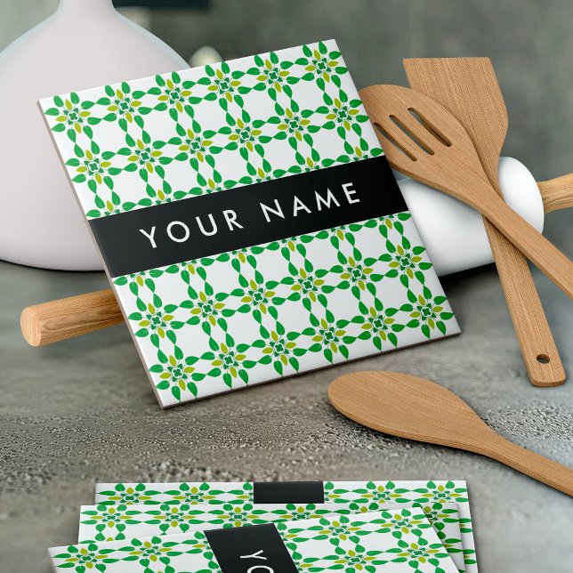 Leaf Pattern, Green Leaves, Your Name Ceramic Tile (Creator Uploaded)