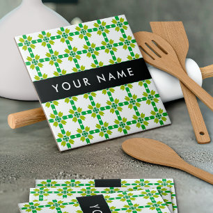 Leaf Pattern, Green Leaves, Your Name Ceramic Tile