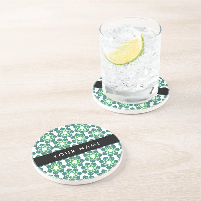 Leaf Pattern, Green Leaves, Your Name Coaster (Side)