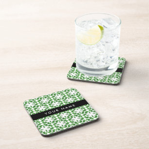 Leaf Pattern, Green Leaves, Your Name Coaster