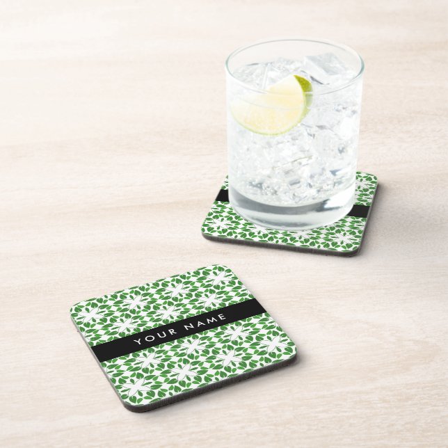 Leaf Pattern, Green Leaves, Your Name Coaster (Right Side)
