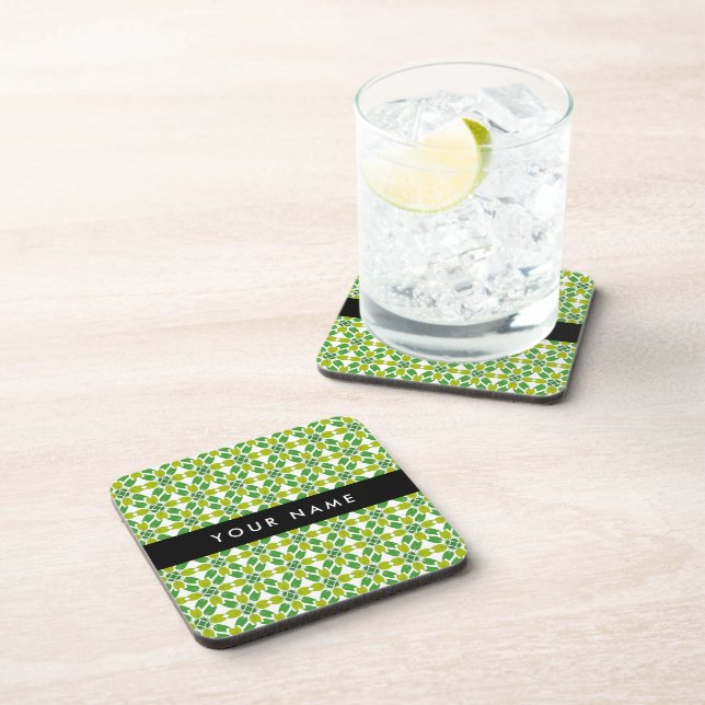Leaf Pattern, Green Leaves, Your Name Coaster (Right Side)