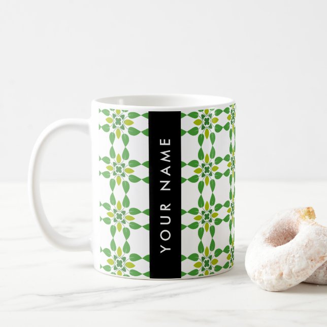 Leaf Pattern, Green Leaves, Your Name Coffee Mug (With Donut)