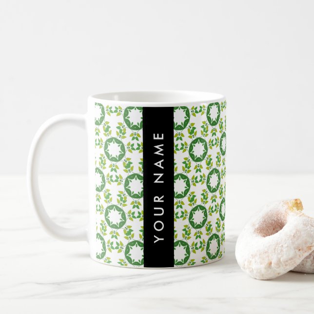 Leaf Pattern, Green Leaves, Your Name Coffee Mug (With Donut)