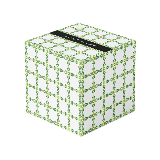 Leaf Pattern, Green Leaves, Your Name Cube (Front Angled)