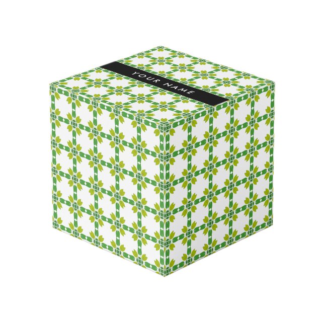 Leaf Pattern, Green Leaves, Your Name Cube (Front Angled)