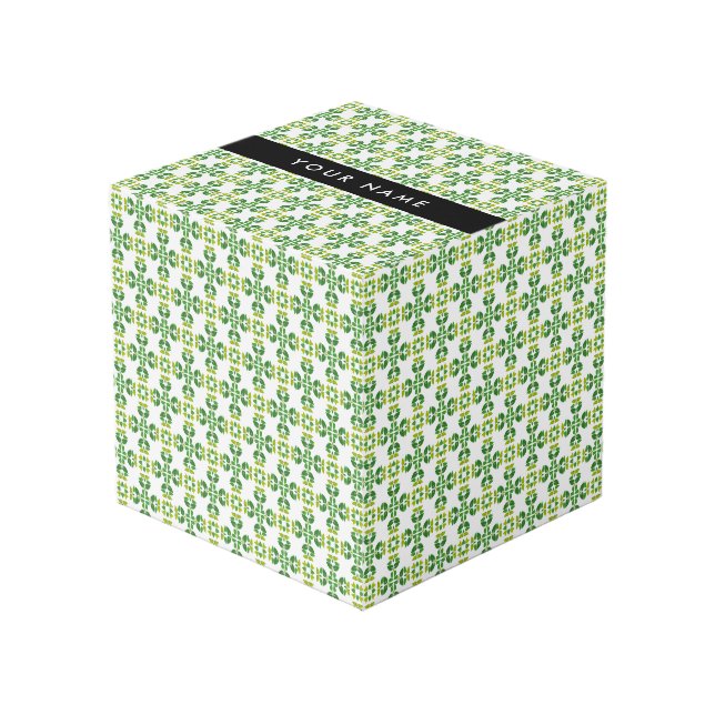 Leaf Pattern, Green Leaves, Your Name Cube (Front Angled)