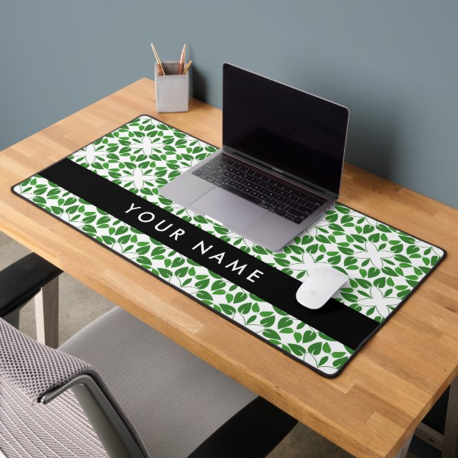 Leaf Pattern, Green Leaves, Your Name Desk Mat (Office 2)