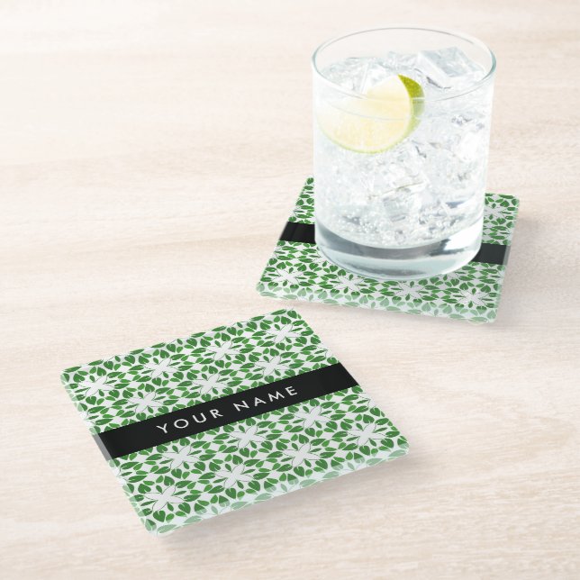 Leaf Pattern, Green Leaves, Your Name Glass Coaster (Angled)