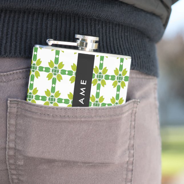 Leaf Pattern, Green Leaves, Your Name Hip Flask (In Situ)