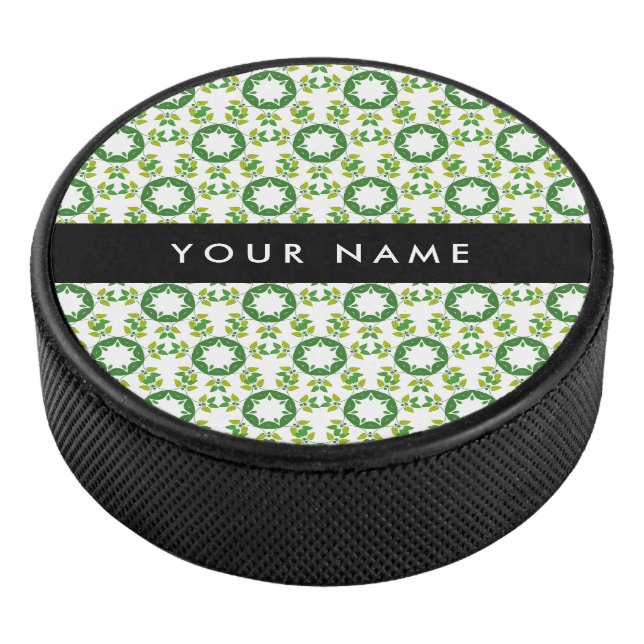 Leaf Pattern, Green Leaves, Your Name Hockey Puck (3/4)
