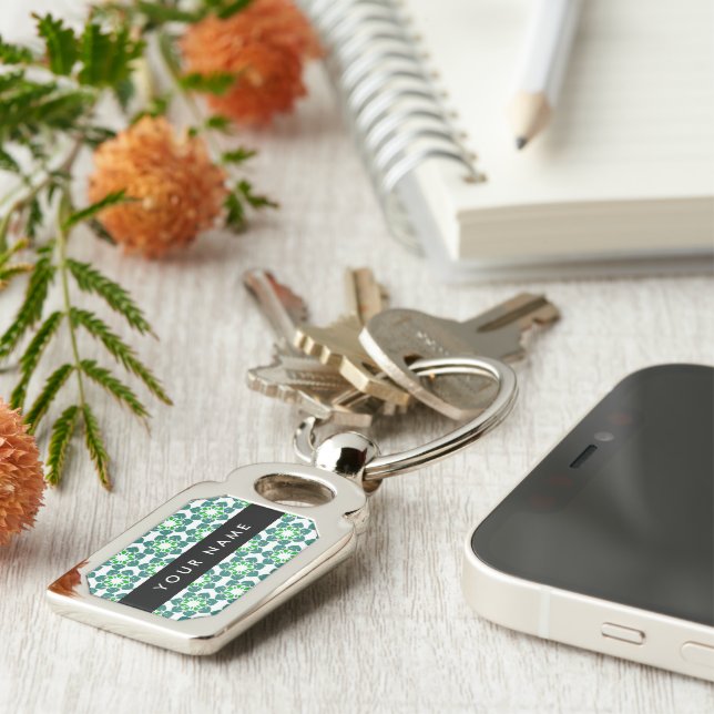 Leaf Pattern, Green Leaves, Your Name Key Ring (Side)