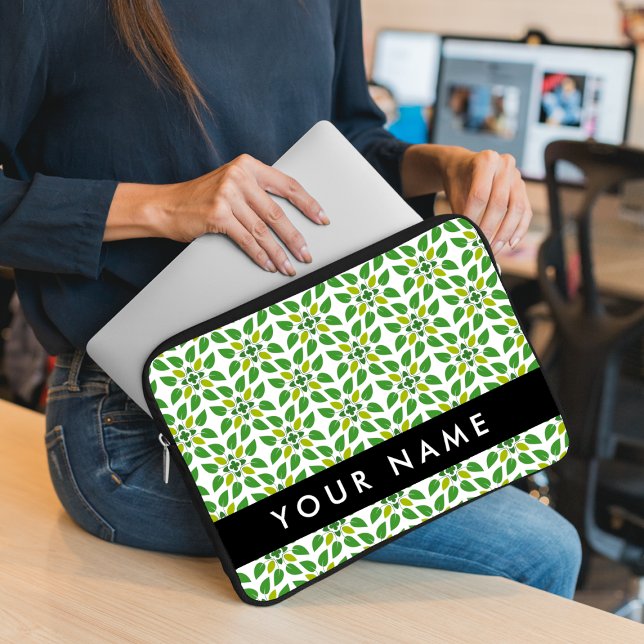 Leaf Pattern, Green Leaves, Your Name Laptop Sleeve (Creator Uploaded)