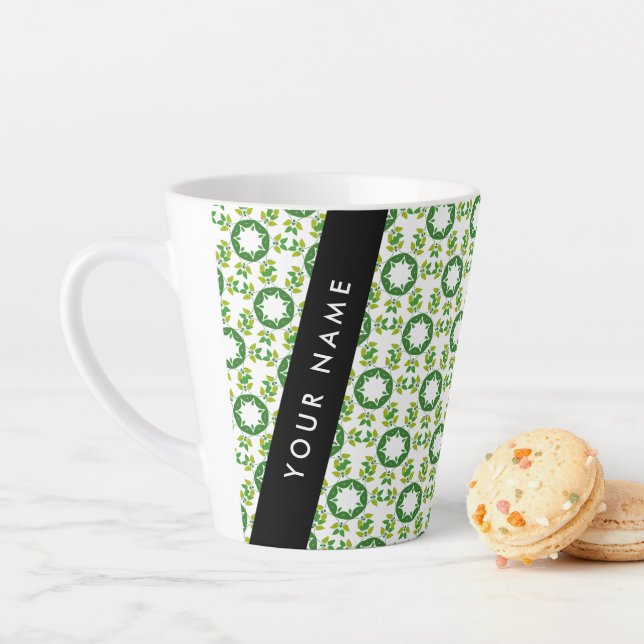Leaf Pattern, Green Leaves, Your Name Latte Mug (In Situ)
