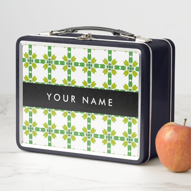 Leaf Pattern, Green Leaves, Your Name Metal Lunch Box (In Situ)