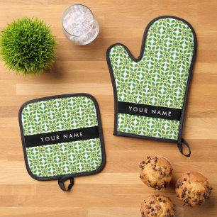 Leaf Pattern, Green Leaves, Your Name Oven Mitt & Pot Holder Set