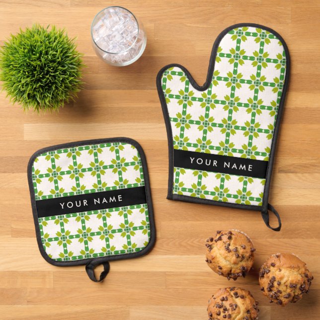 Leaf Pattern, Green Leaves, Your Name Oven Mitt & Pot Holder Set (Top Down)