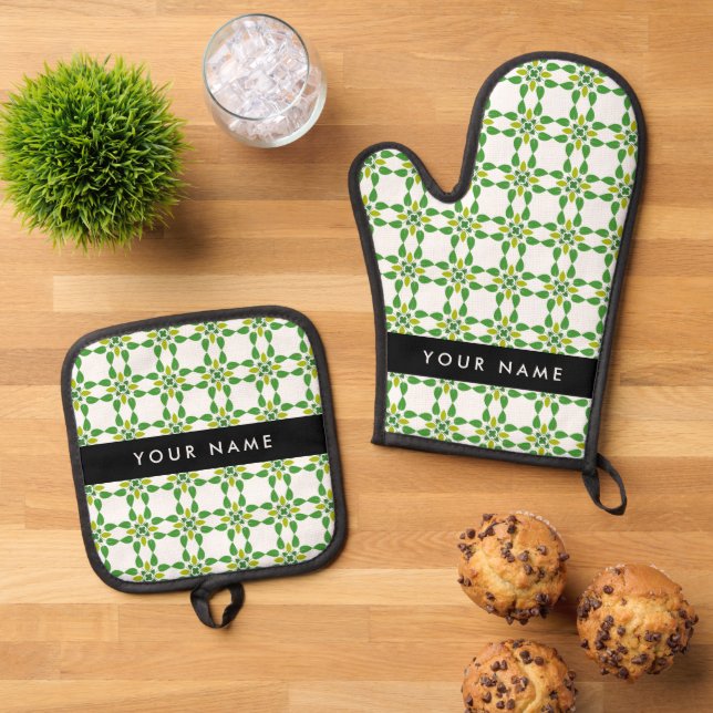 Leaf Pattern, Green Leaves, Your Name Oven Mitt & Pot Holder Set (Top Down)