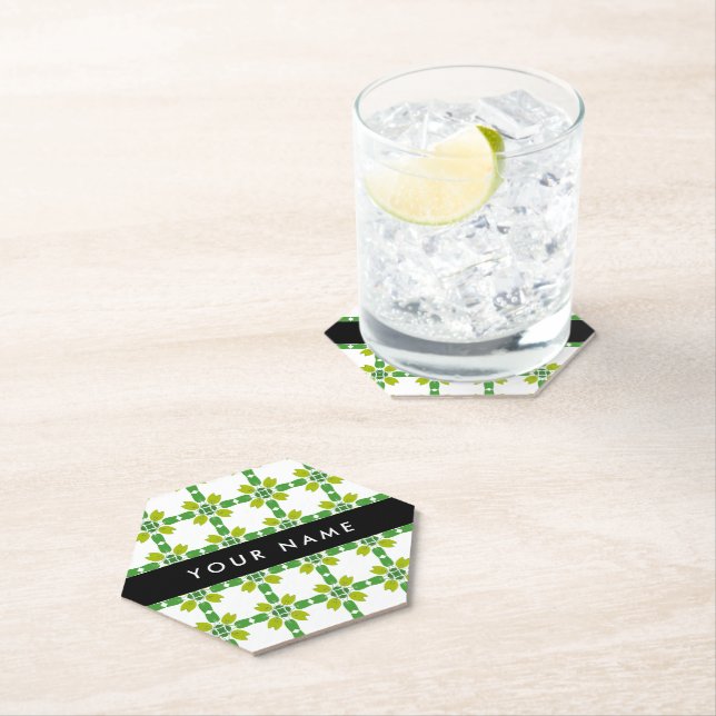 Leaf Pattern, Green Leaves, Your Name Paper Coaster (Insitu)