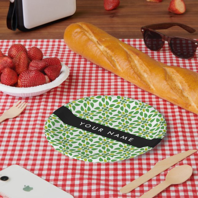Leaf Pattern, Green Leaves, Your Name Paper Plate (Picnic)
