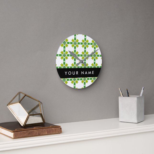 Leaf Pattern, Green Leaves, Your Name Round Clock (Office)