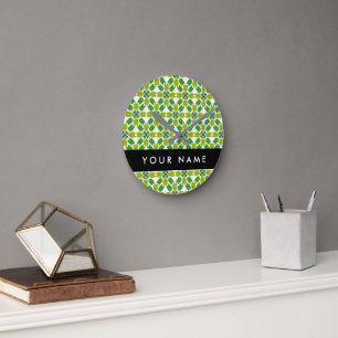 Leaf Pattern, Green Leaves, Your Name Round Clock